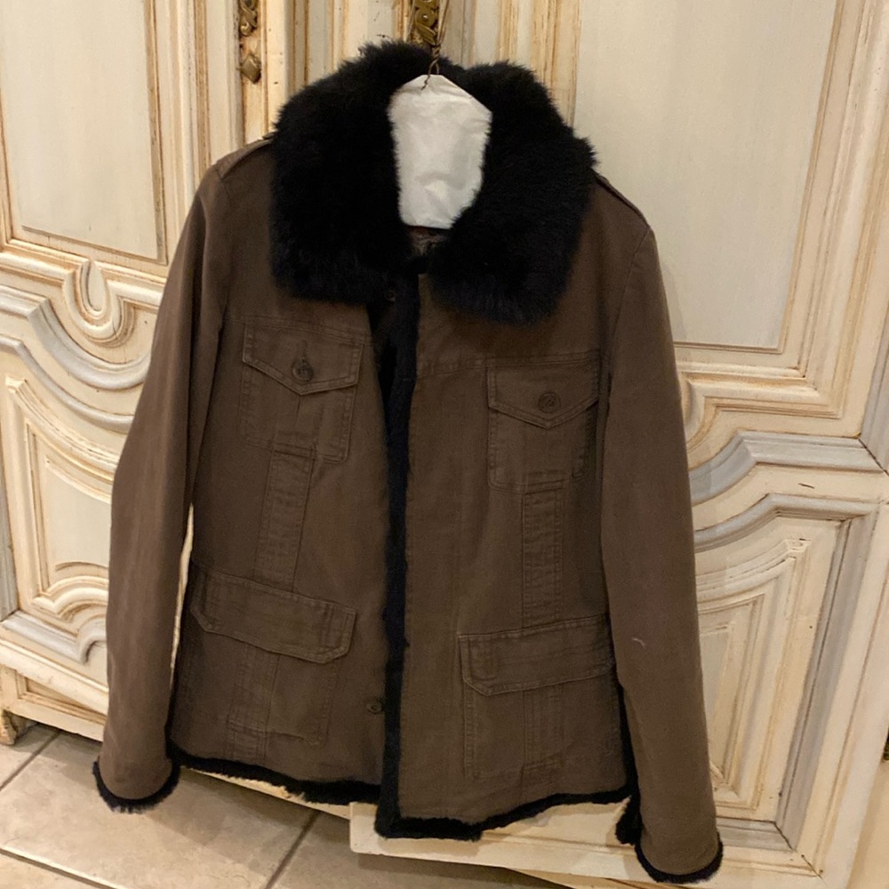 Miss Me unplugged taupe coat with black fur lining and trim